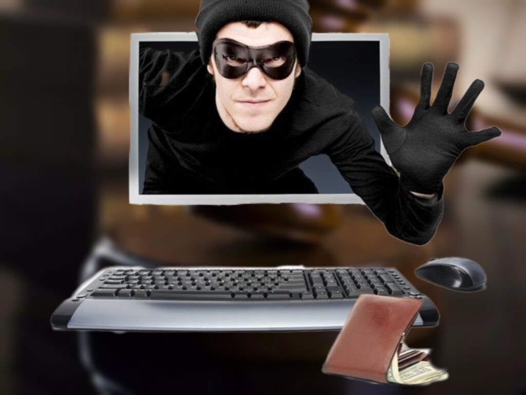 تصویر مردی از مانیتور بیرون امده به عنوان نماد کلاهبرداری اینترنتی